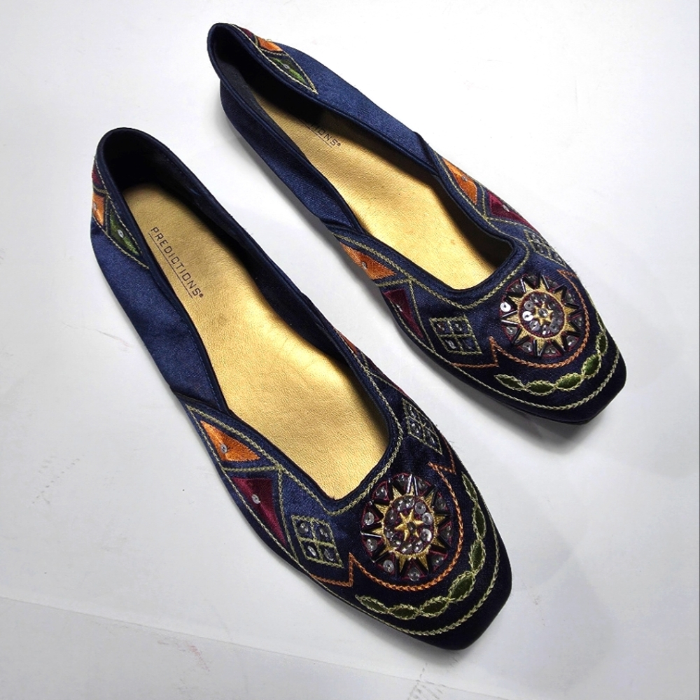 Predictions Blue and Orange Flats with Elegant Embroidery Size 8